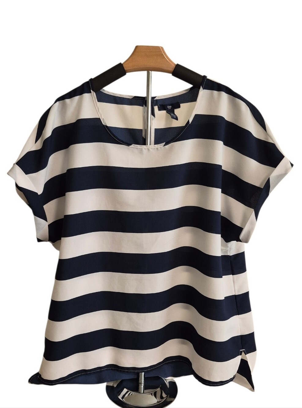 Gap Navy Blue and White Horizontal Striped Blouse - Size XL